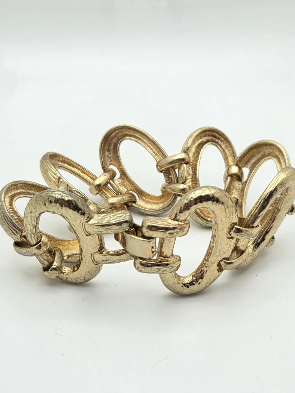Vintage Hammered Gold Tone Oval Link Statement Bracelet